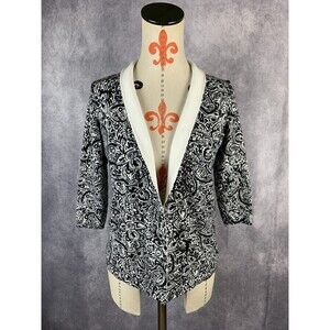 Talbots Cardigan Womens SP Petite Floral Knit Open Front White Black 3/4 Sleeve